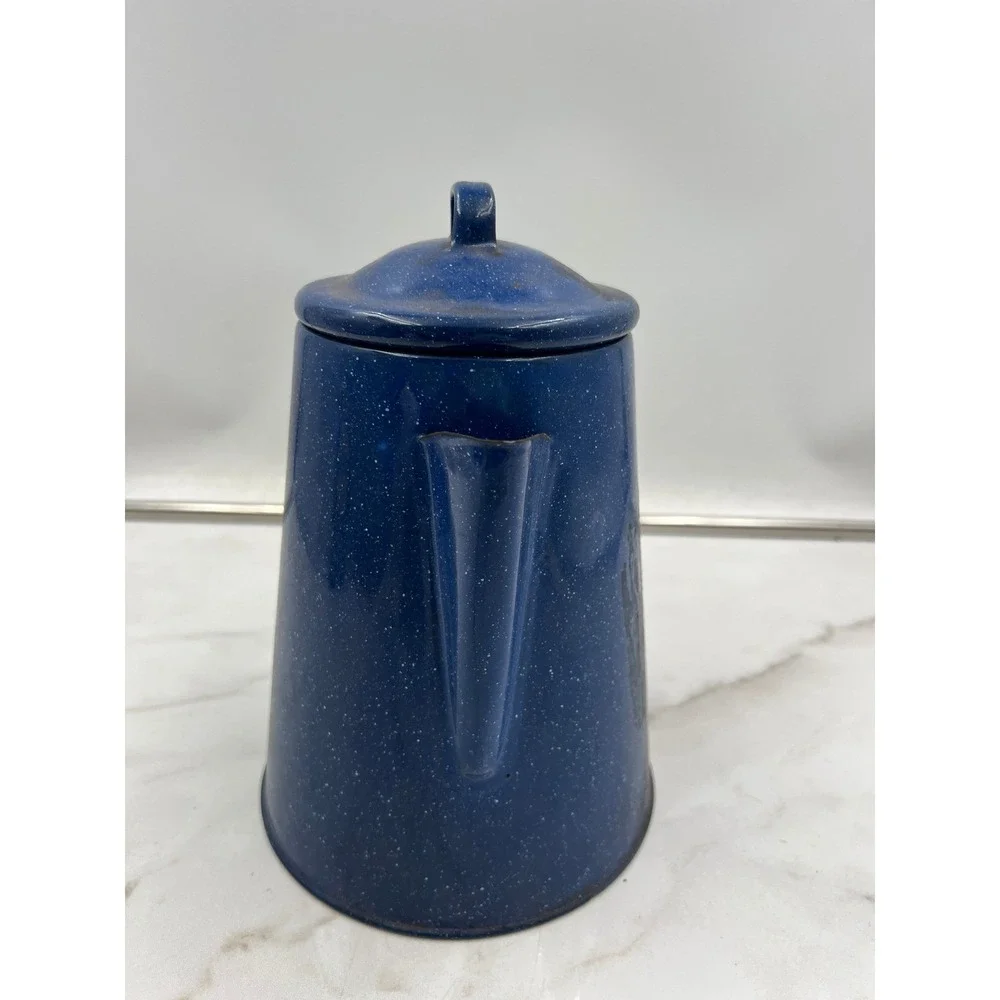 Vintage Blue Speckled Enamelware Coffee Percolator Pot Rustic Camping Farmhouse